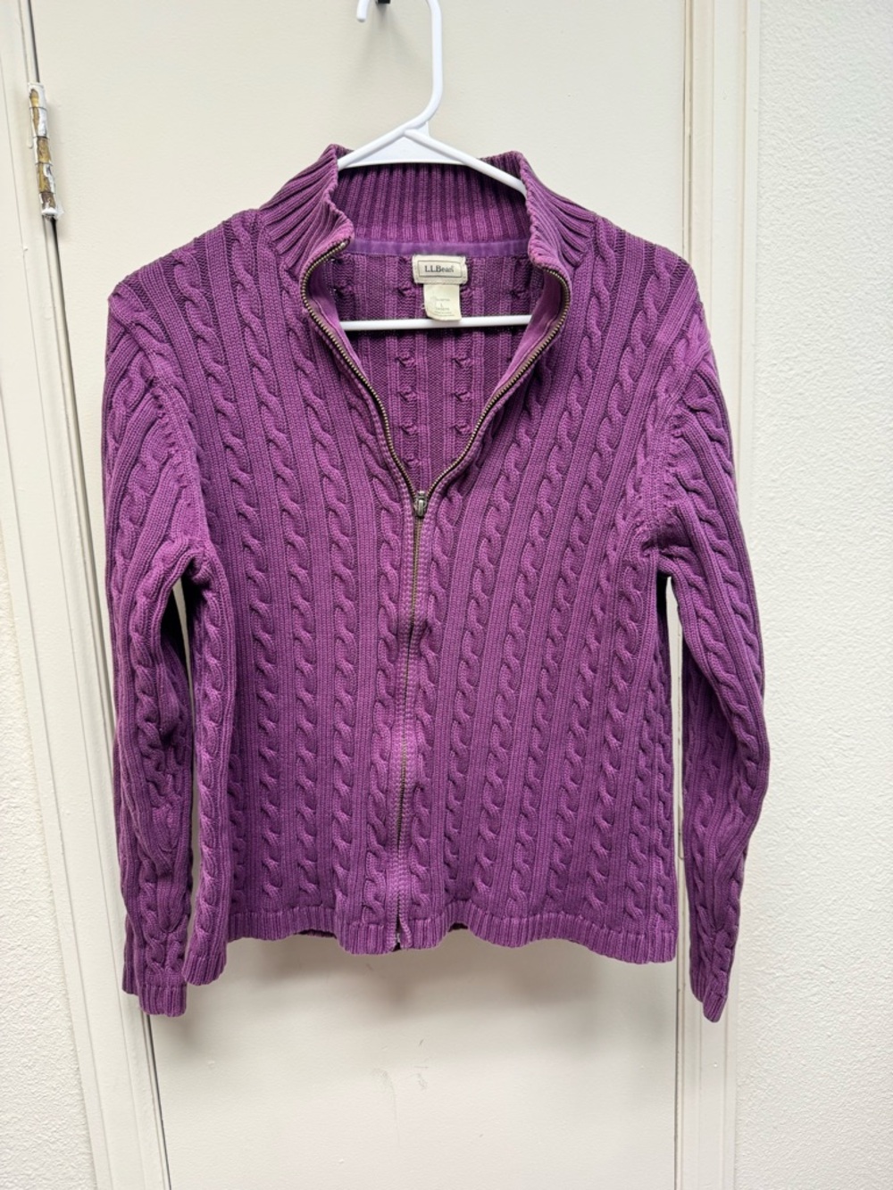 L.L.Bean Purple Cable Knit Zip 100% Cotton Sweater